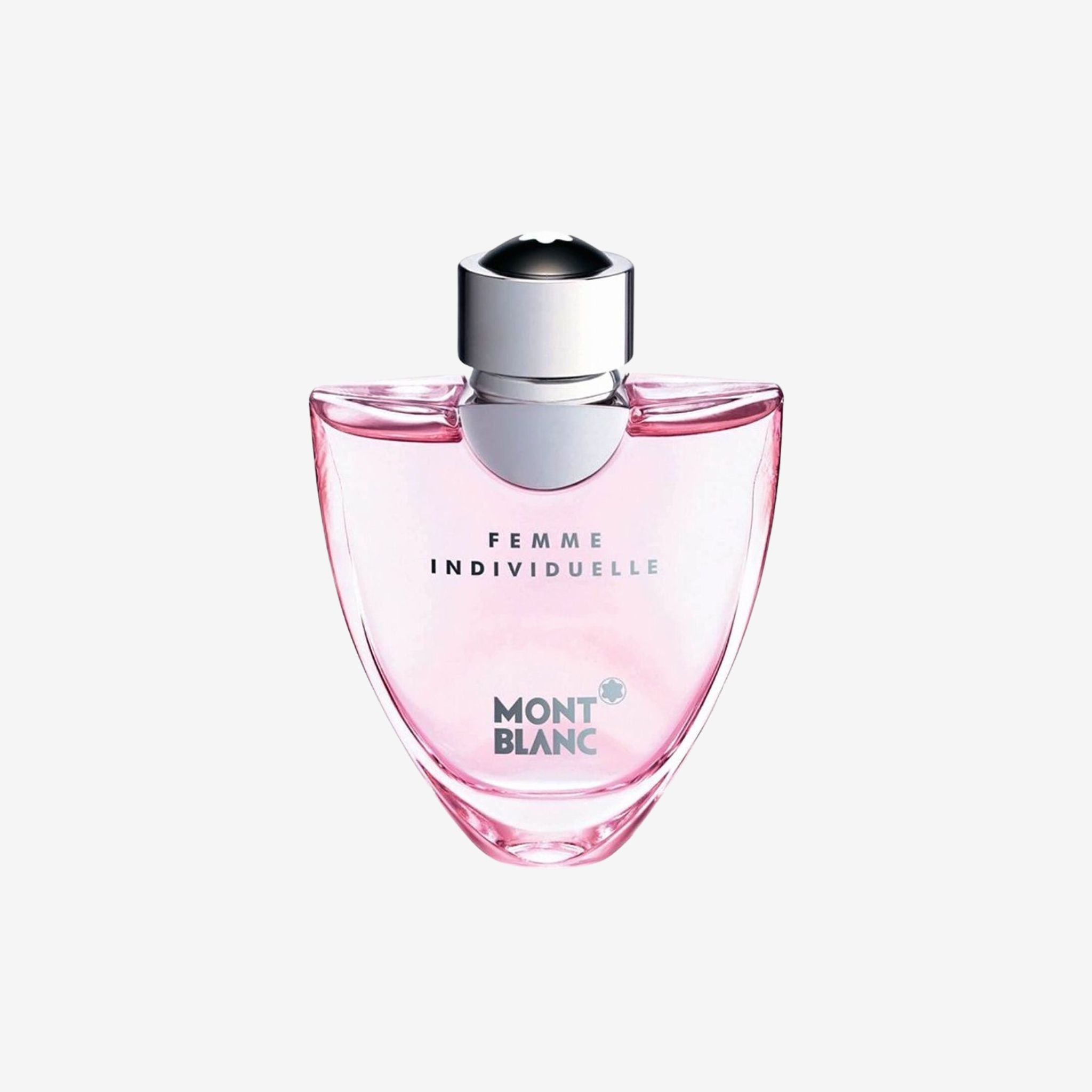 Close-up of Mont Blanc Femme Individuelle EDT 75ml bottle highlighting sleek transparent glass with pink liquid and elegant Mont Blanc branding.