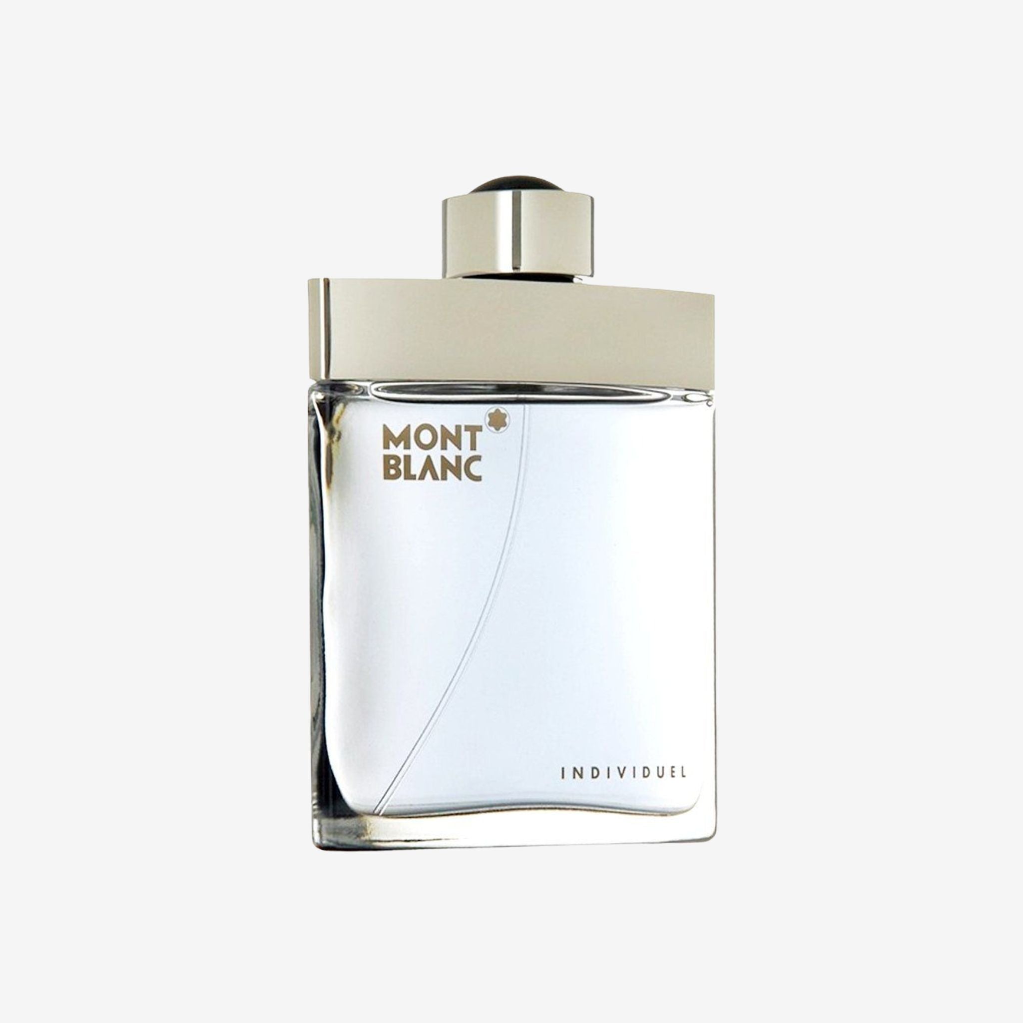 Close-up of Mont Blanc Individuel Men EDT 75ml bottle showcasing sleek glass design with silver cap and Mont Blanc branding.