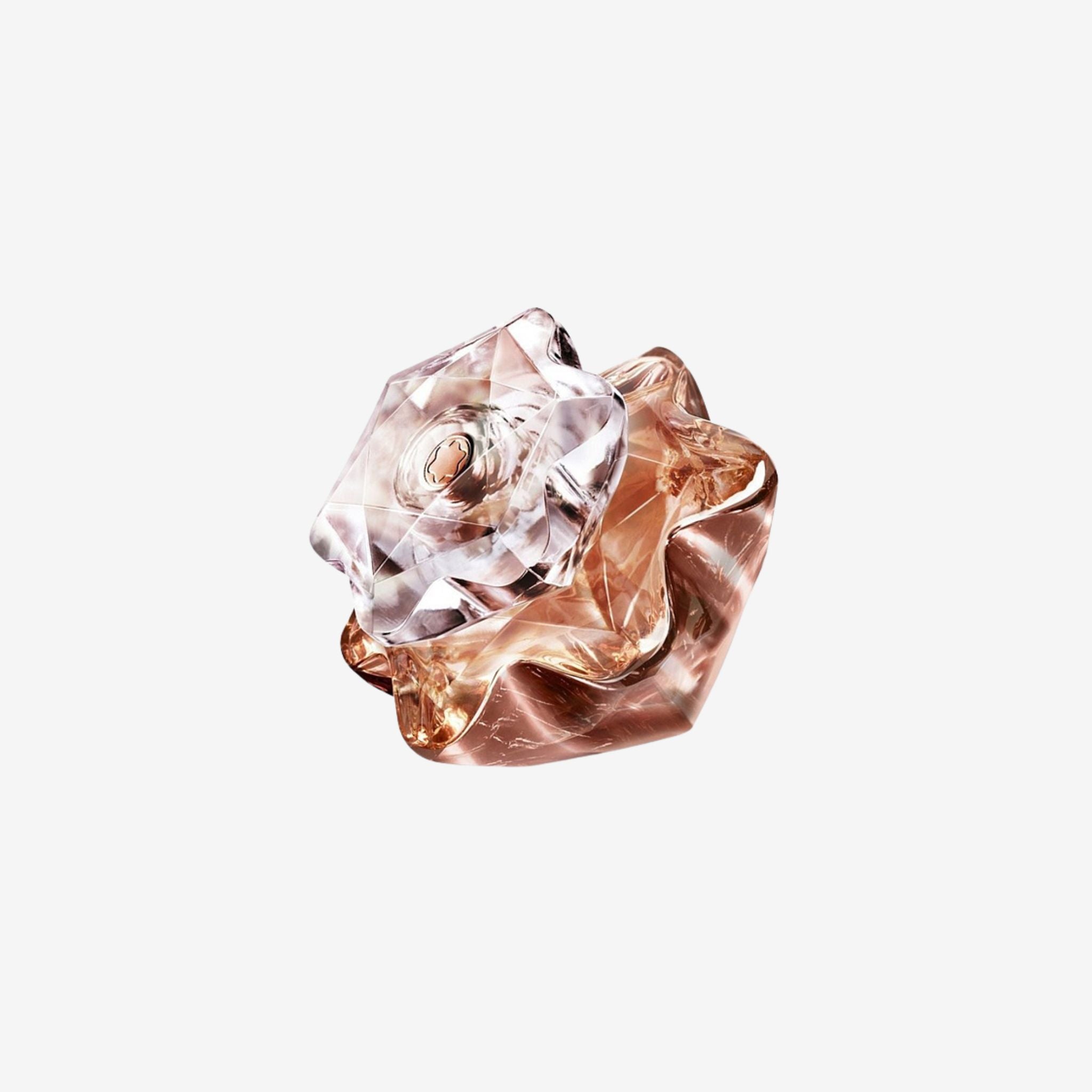 Mont Blanc Lady Emblem Elixir Rose-shaped perfume bottle with a clear crystal center on a light beige background