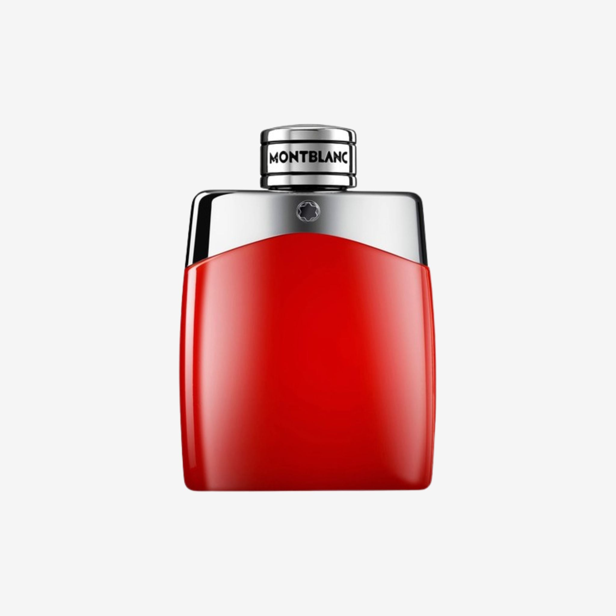 Close-up of Mont Blanc Legend Red Men EDP 100ml bottle showcasing sleek red and black design with Mont Blanc branding.