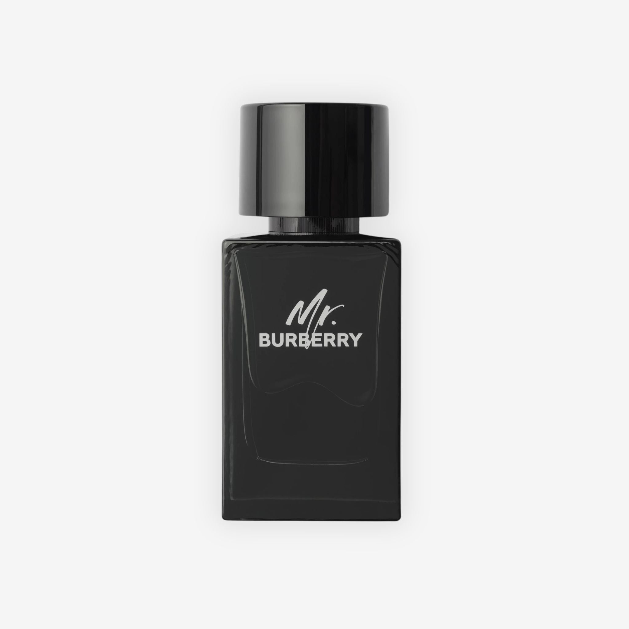 Front view of Mr Burberry EDP 100 ml for Men perfume bottle featuring classic black cap and elegant design.