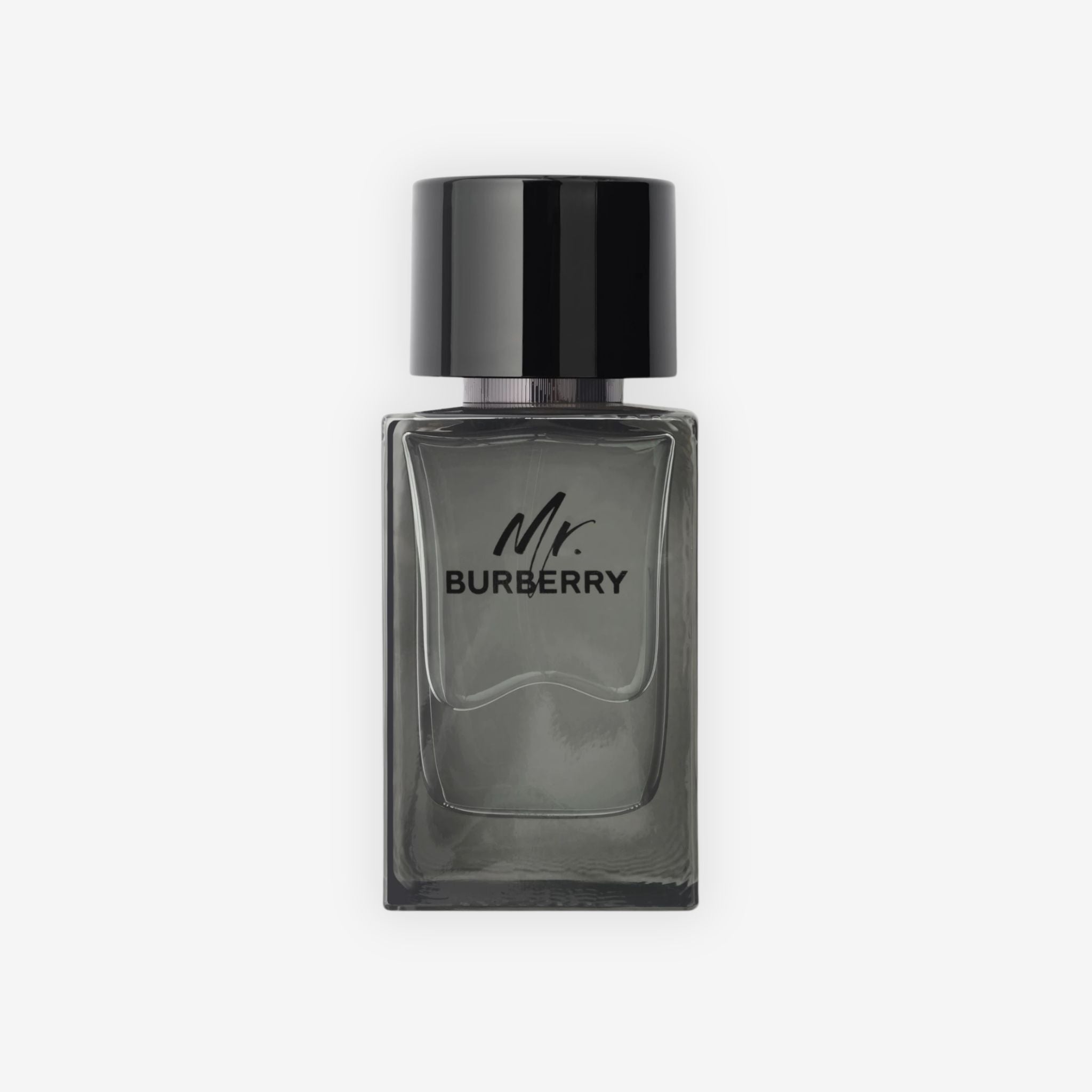 Front view of Mr Burberry EDT 100 ml for Men perfume bottle featuring classic black cap and elegant design.