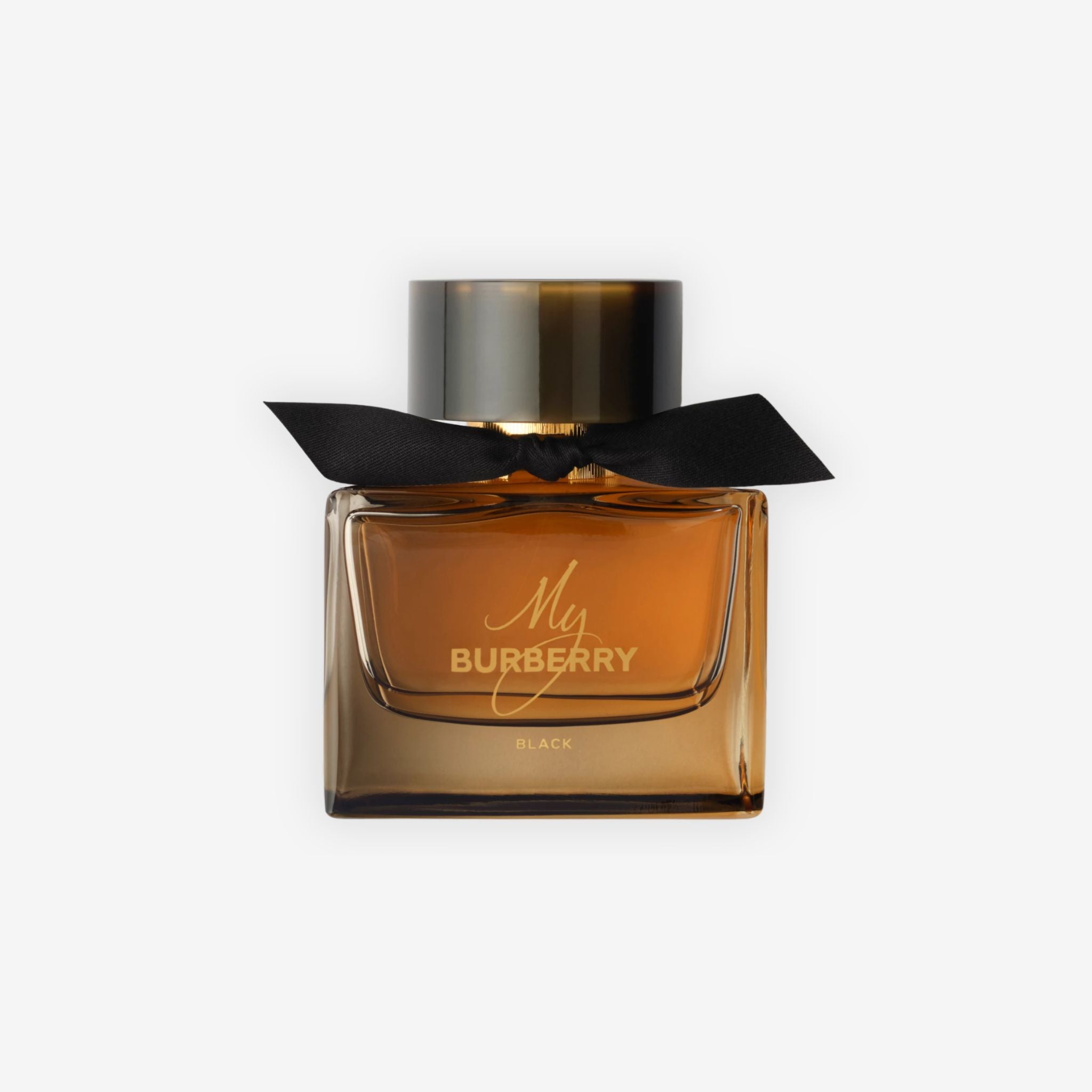 Burberry perfume bottle with a black bow on a white background