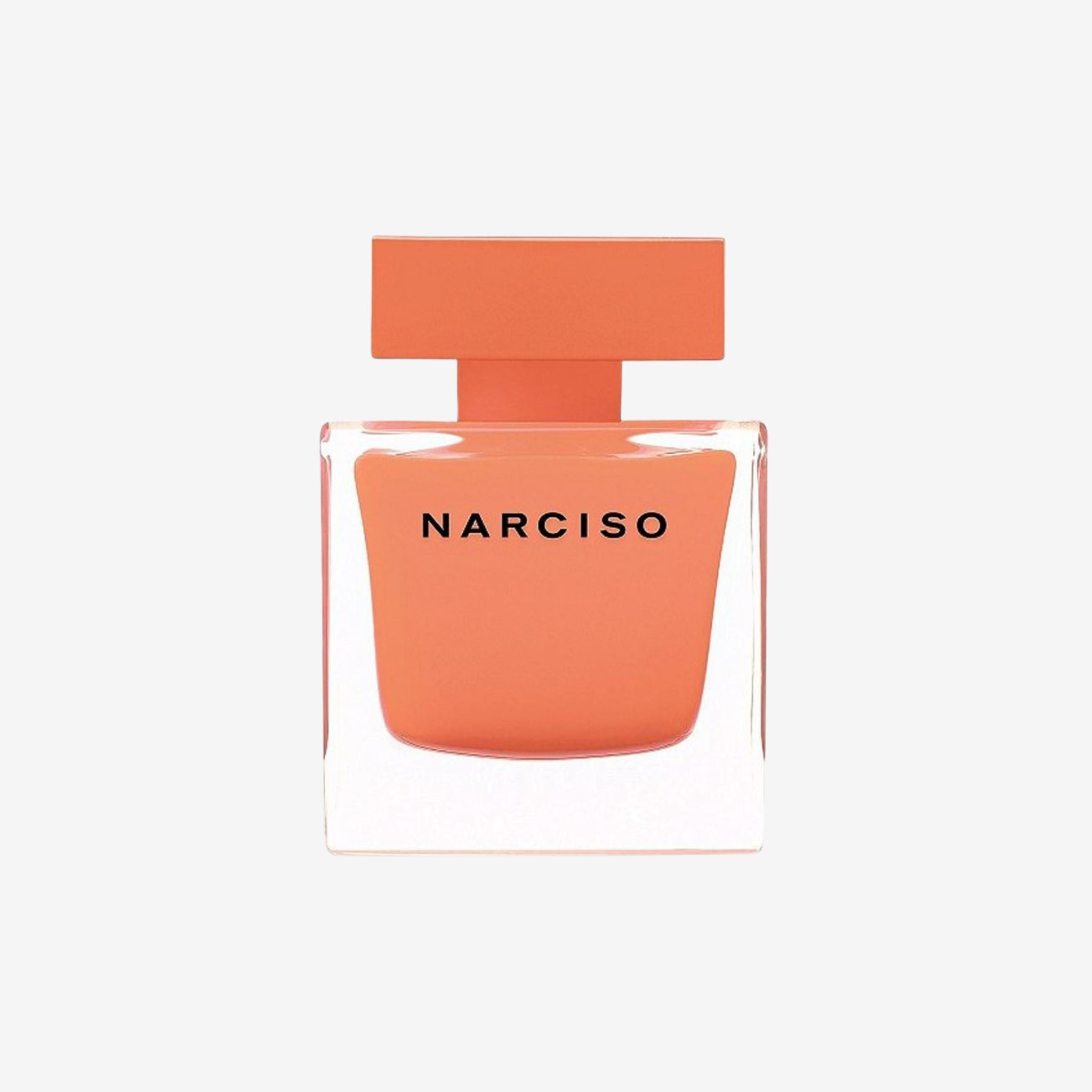 Close-up of Narciso Rodriguez Ambree EDP 100ml bottle showcasing sleek minimalist design with soft amber liquid and elegant branding.