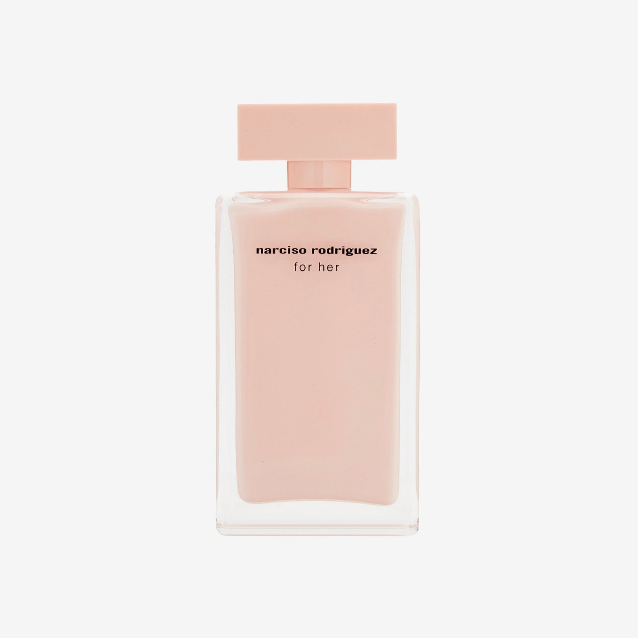 Close-up of Narciso Rodriguez For Her EDP 100ml bottle showcasing sleek minimalist design with soft pink liquid and signature branding.