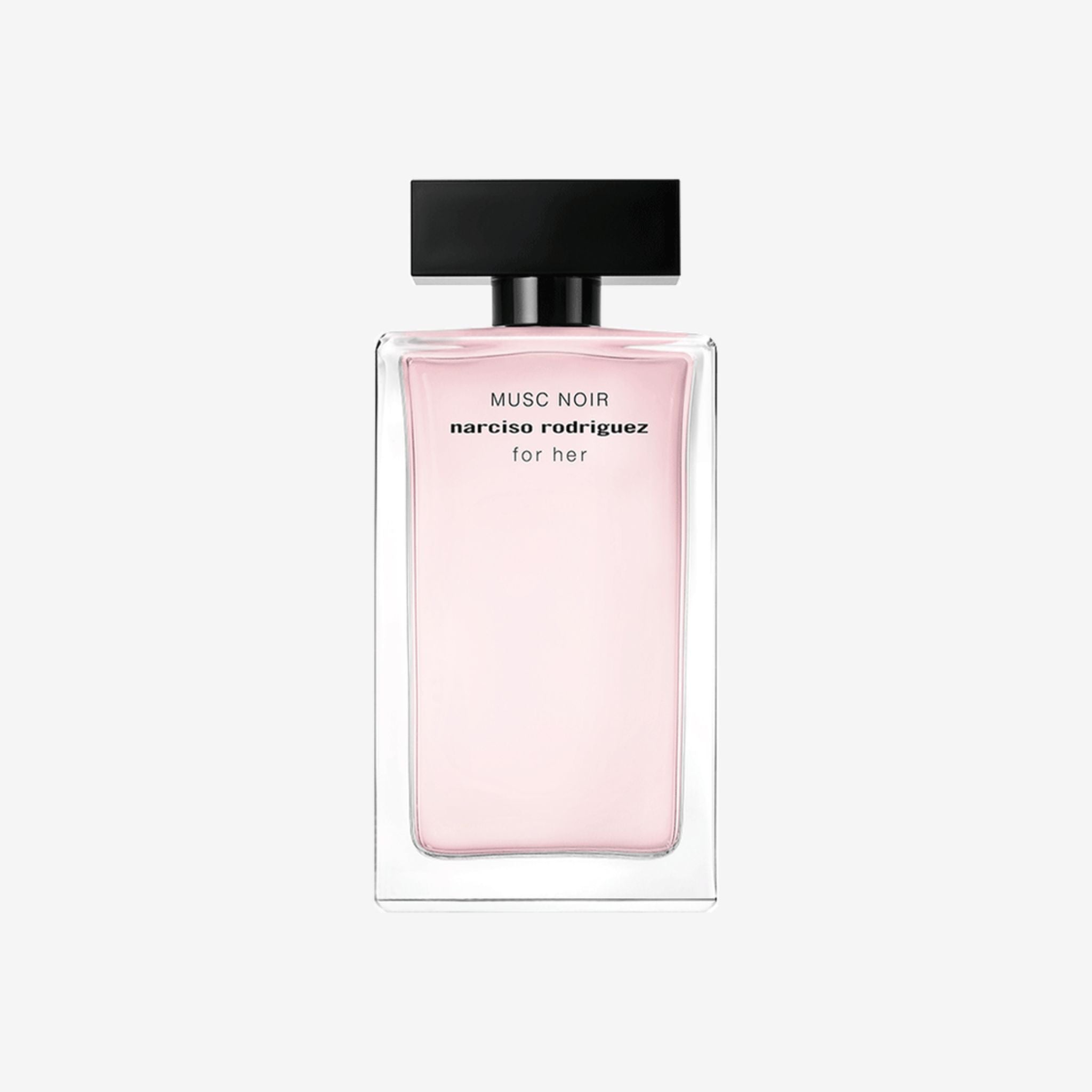 Close-up of Narciso Rodriguez For Her Musc Noir EDP 100ml bottle featuring sleek black design with minimalist branding and luxurious finish.