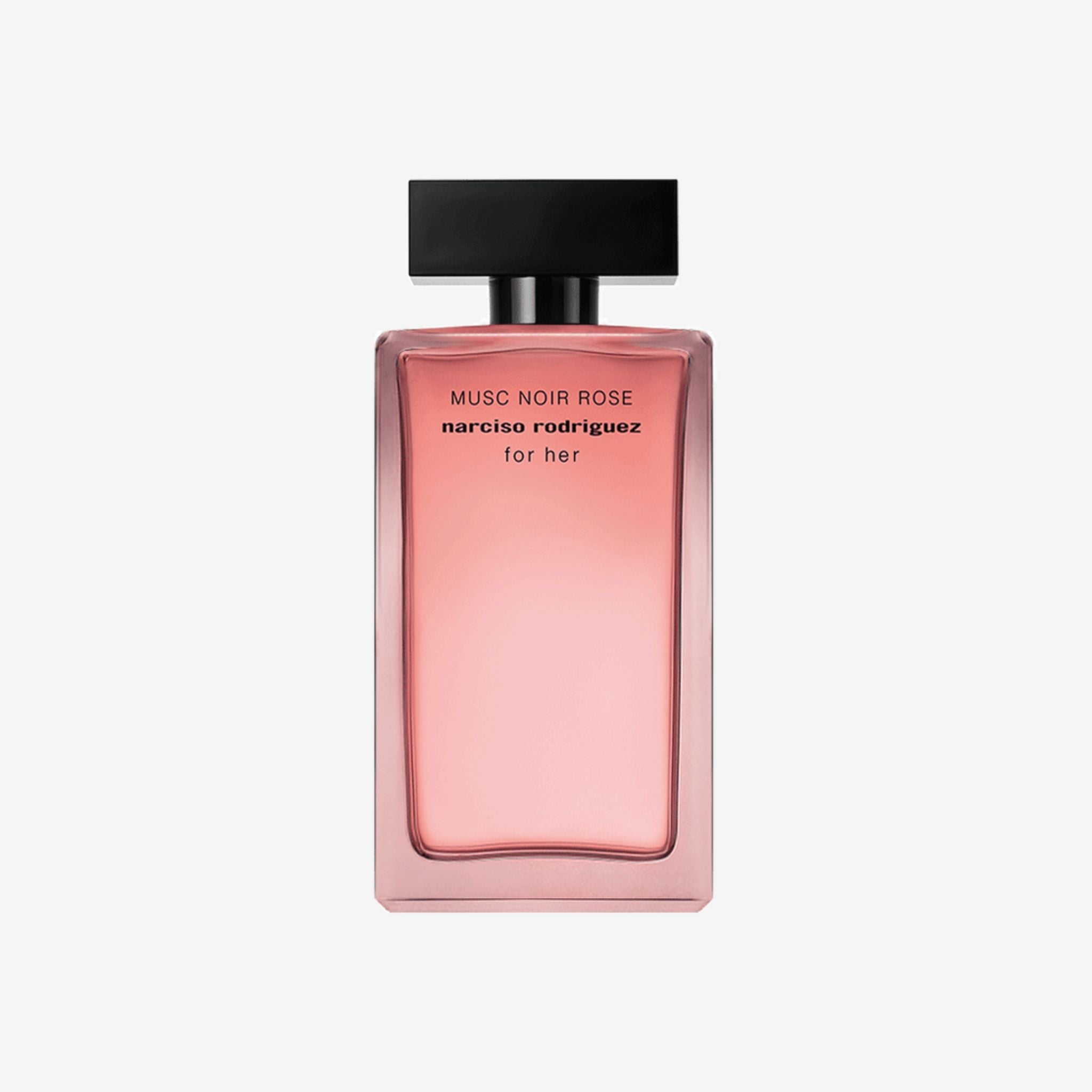 Close-up of Narciso Rodriguez For Her Musc Noir Rose EDP 100ml bottle showcasing minimalist design with soft rose-colored liquid and elegant branding.