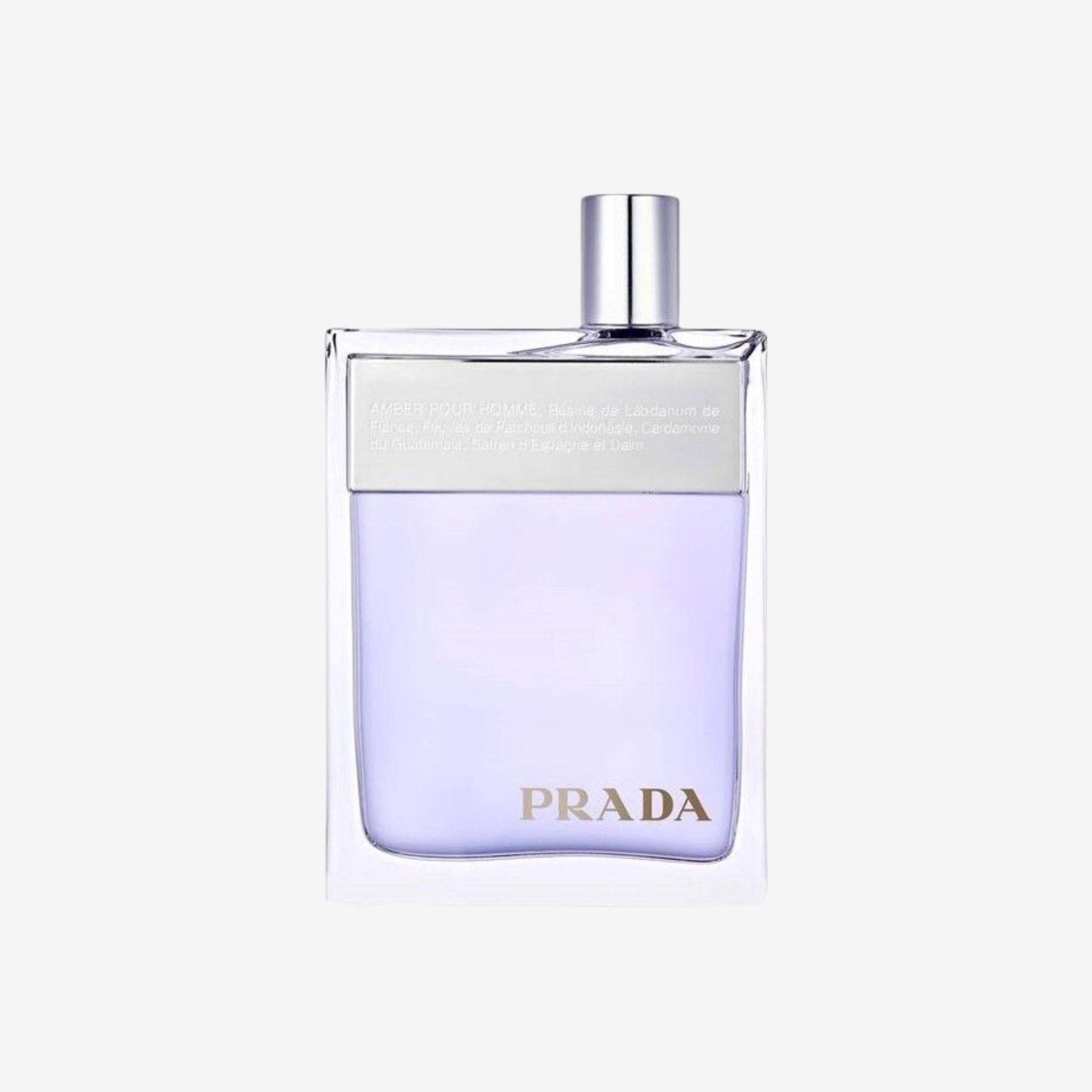 Close-up of Prada Amber Men EDT 100ml bottle featuring sleek modern design with amber tones and elegant Prada branding. Prada perfume bottle on a light purple background