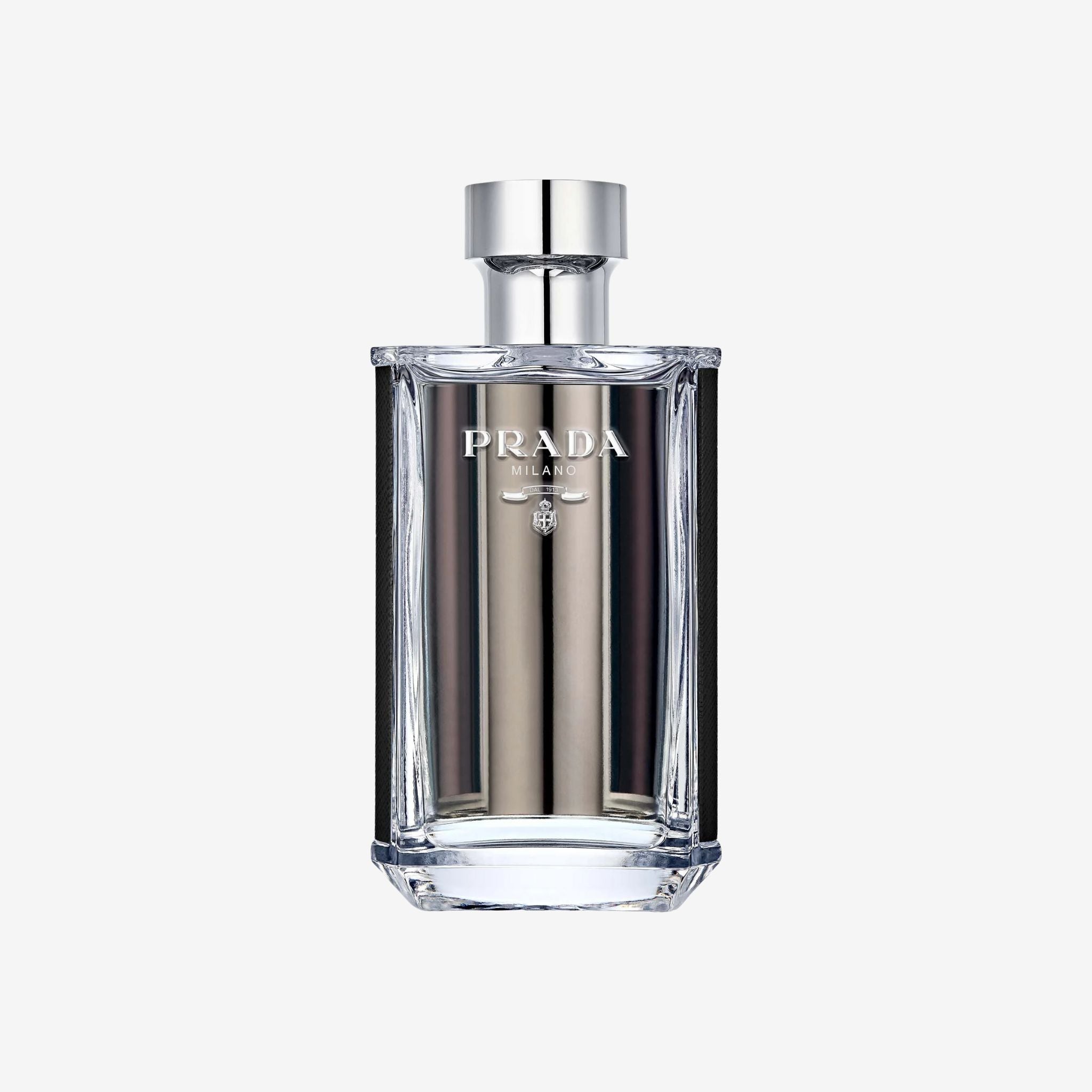 Close-up of Prada L’Homme EDT 100ml bottle featuring sleek reflective design with silver and blue tones symbolizing luxury and sophistication.
