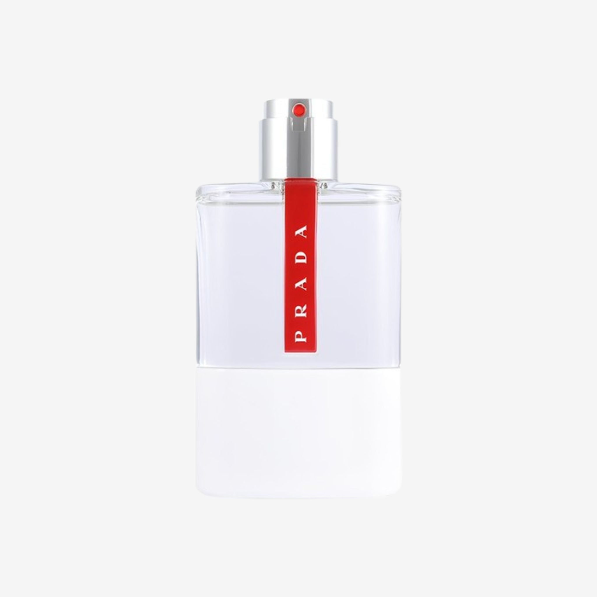 Close-up of Prada Luna Rossa Eau Sport Men EDT 125ml bottle showing sleek silver design with red stripe and modern Prada detailing.