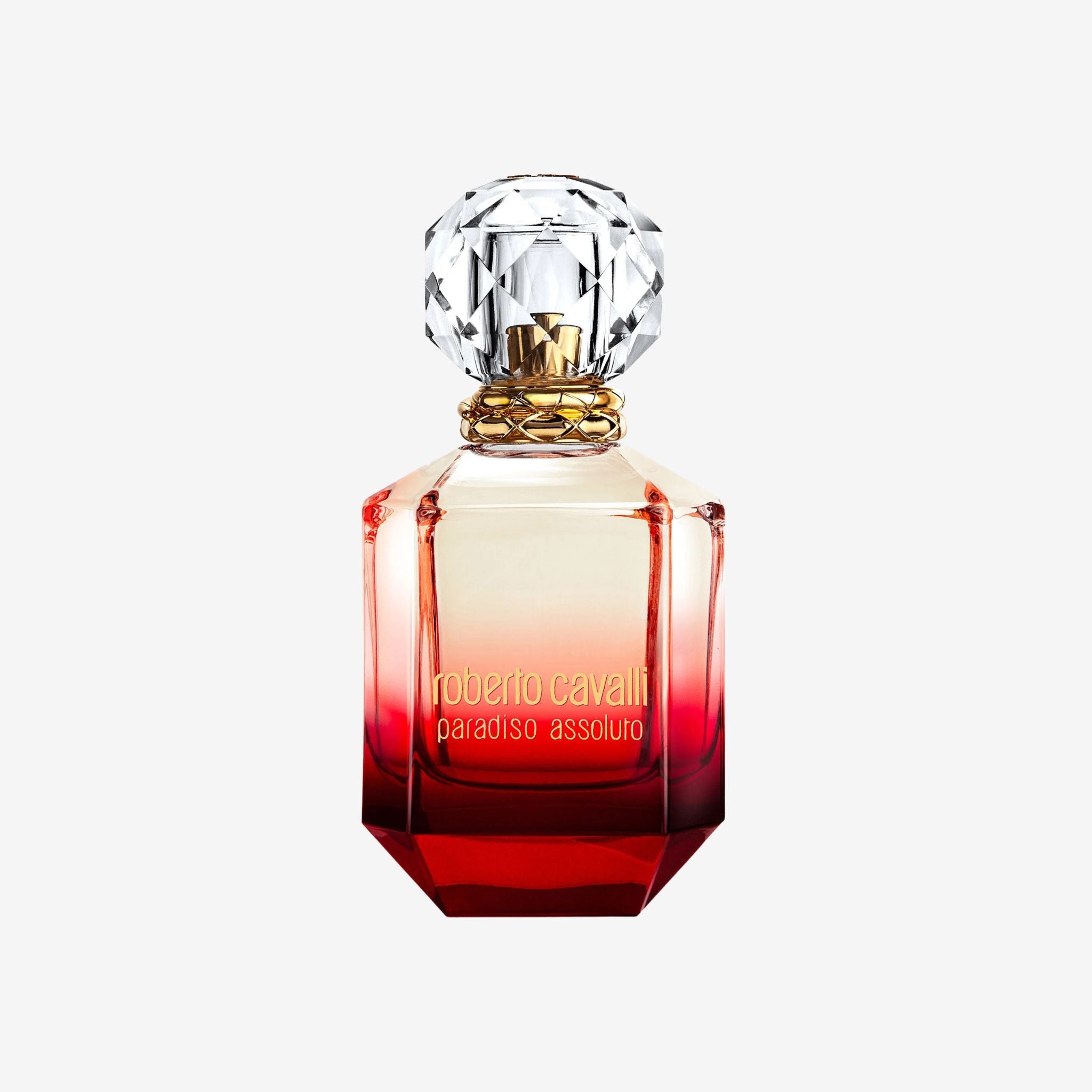roberto cavalli paradiso assoluto Perfume bottle with a red and gold design on a white background