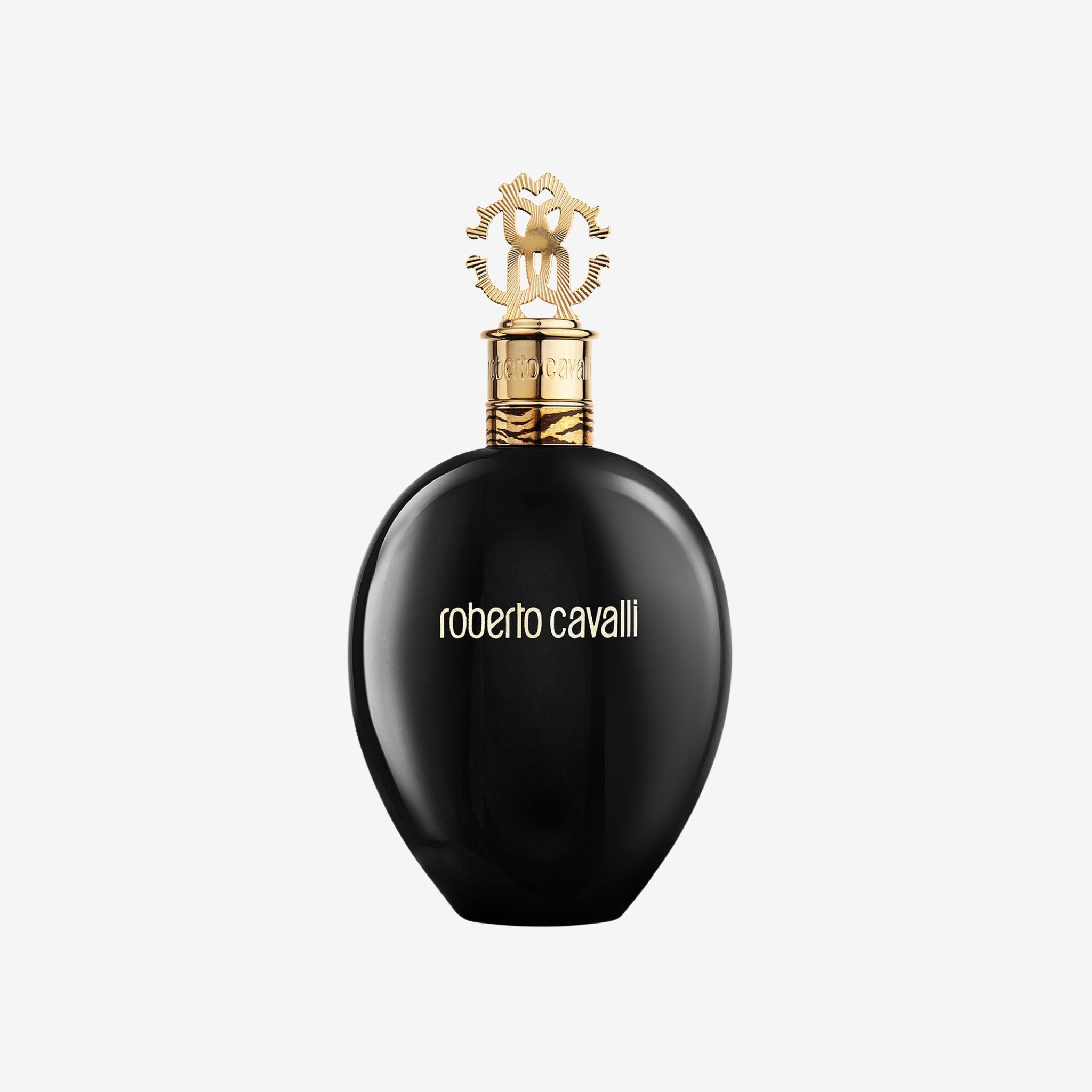 Roberto Cavalli Paradiso EDP 75 ml Black perfume bottle with gold cap on a white background, featuring Roberto Cavalli branding.