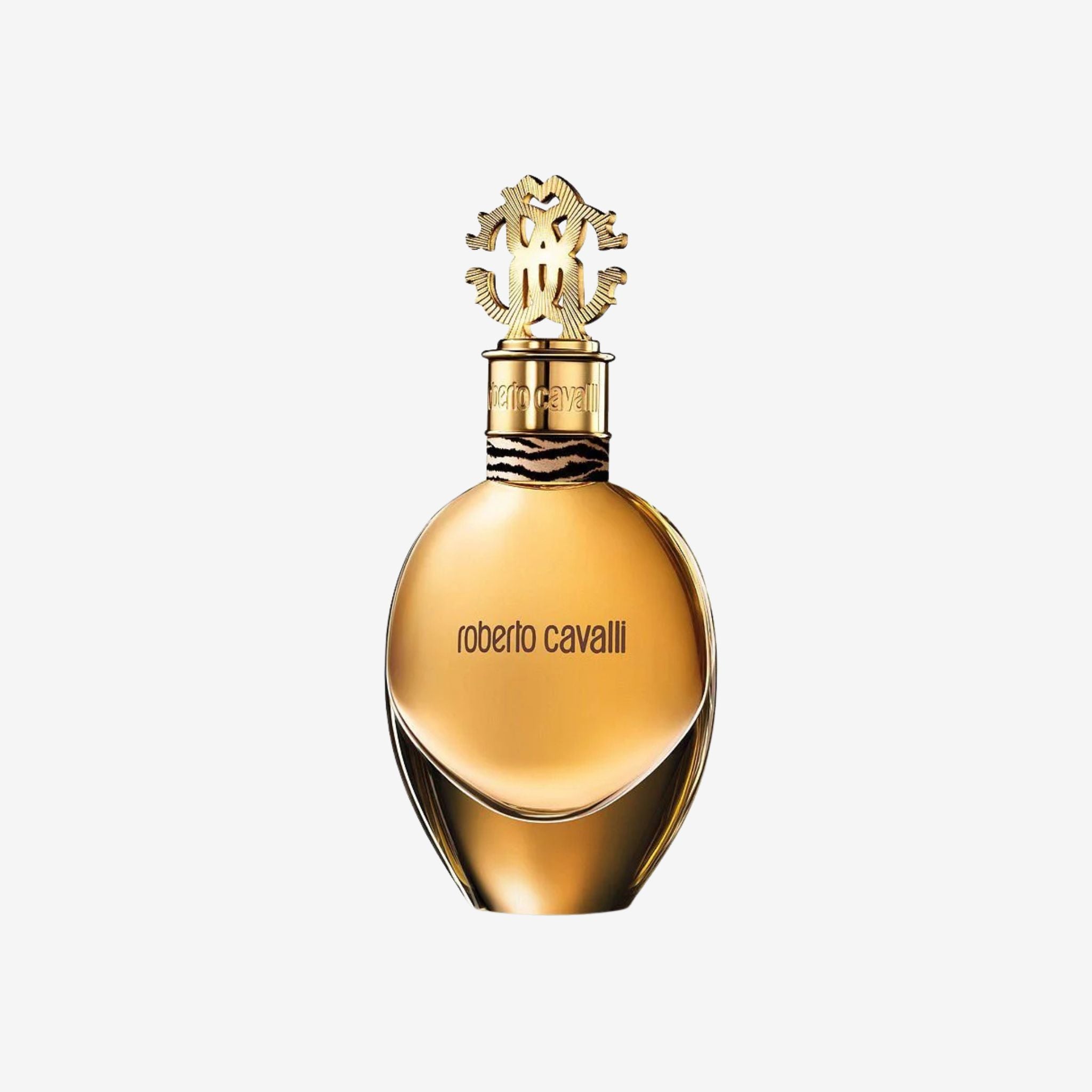Gold Roberto Cavalli perfume bottle on a white background