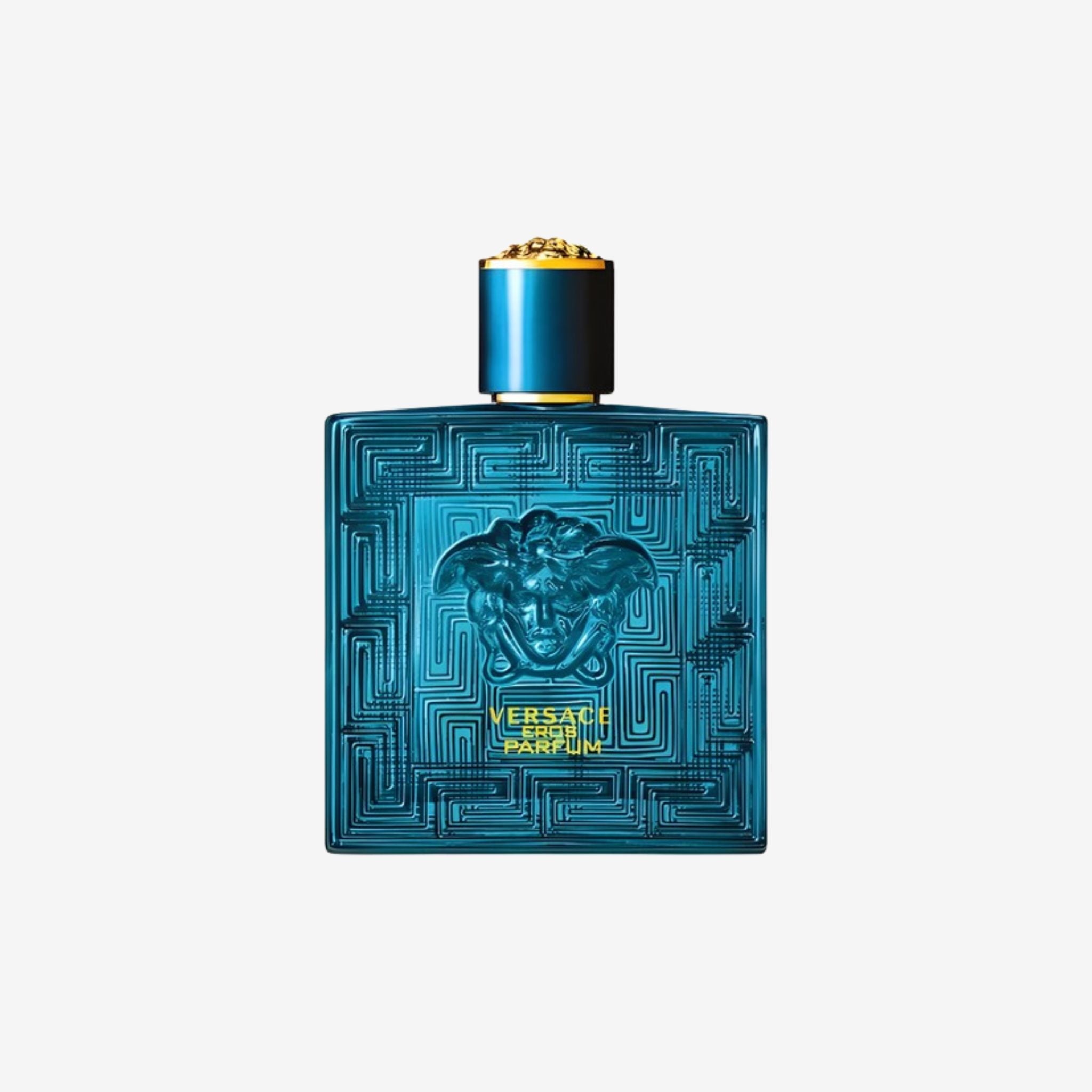 Blue Versace perfume bottle on a white background