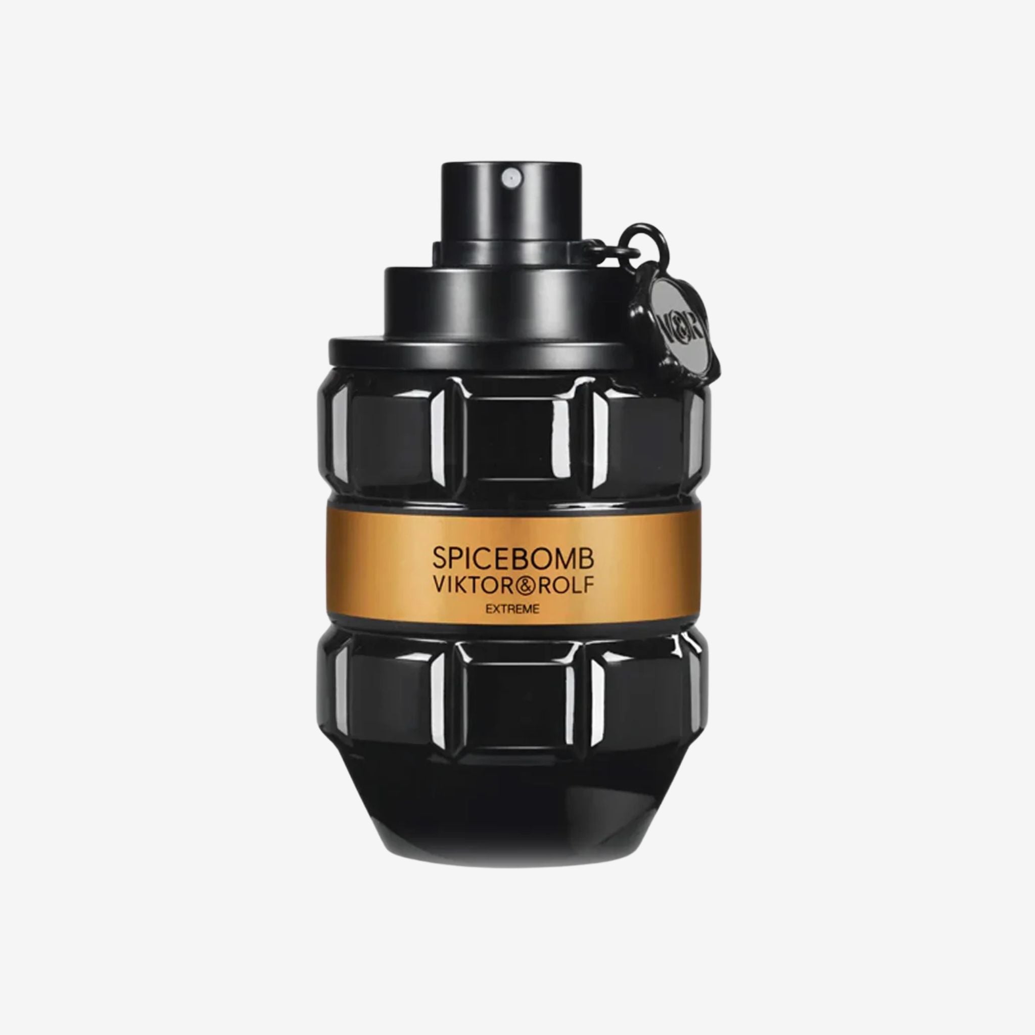 Close-up of Viktor & Rolf Spicebomb Extreme Men EDP 90ml bottle featuring black and bronze gradient design with grenade-style detailing.