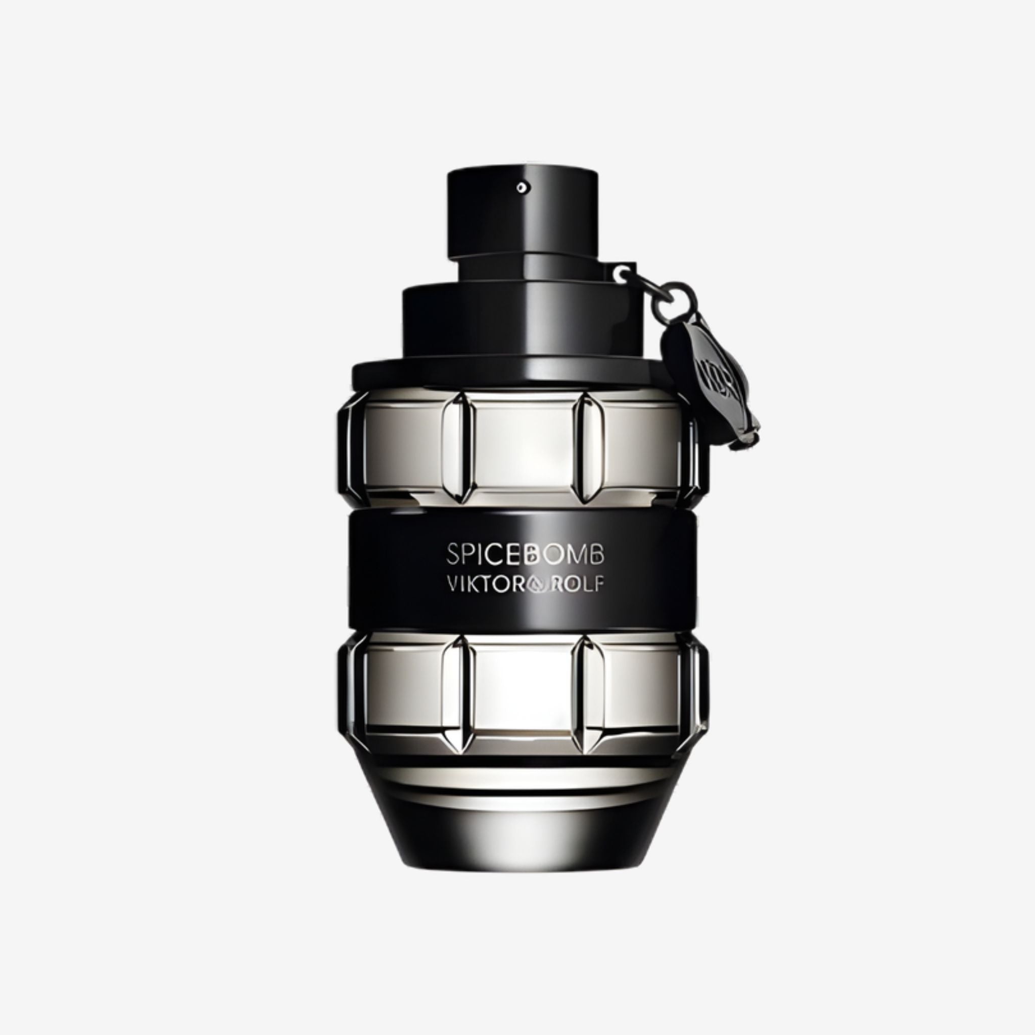 Close-up of Viktor & Rolf Spicebomb Men EDT 90ml bottle designed like a hand grenade with metallic black detailing and logo branding.